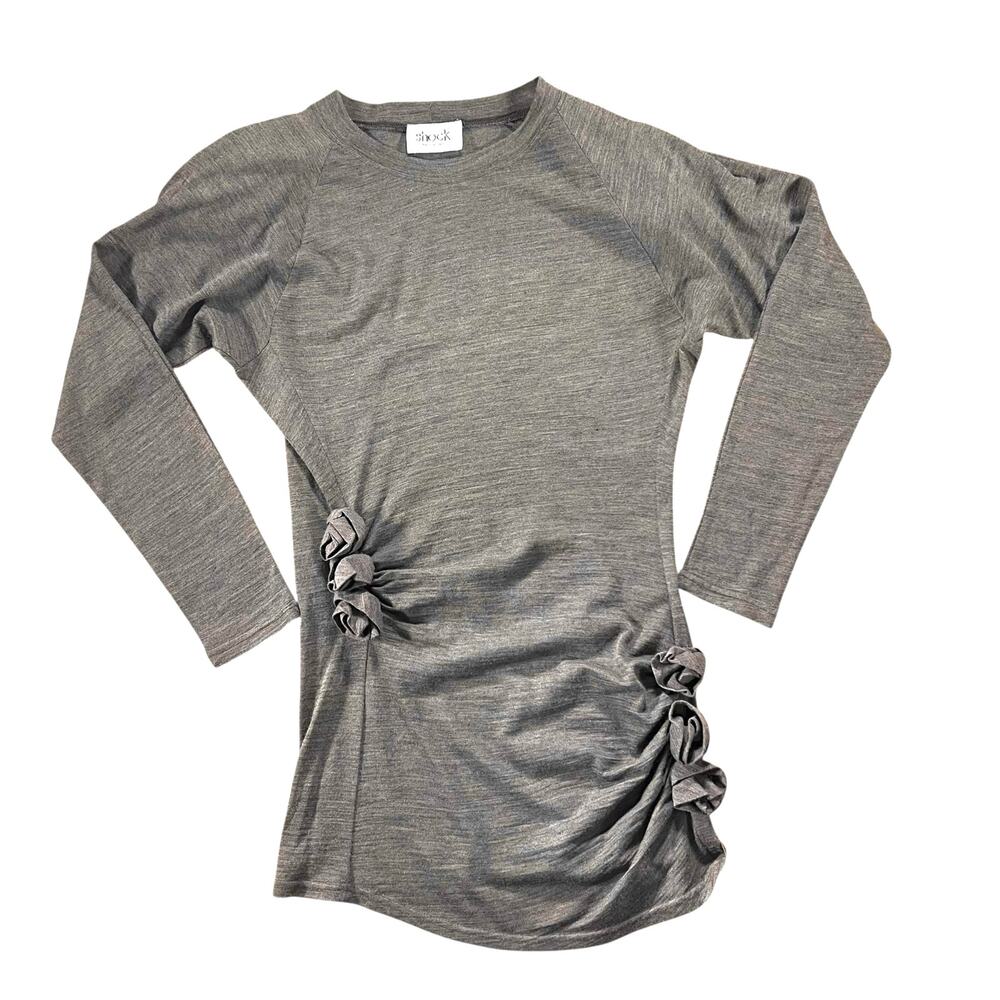 Shock Italy Wool Taupe Ruched Rosette Dress S/M Made in Italy Minimalist